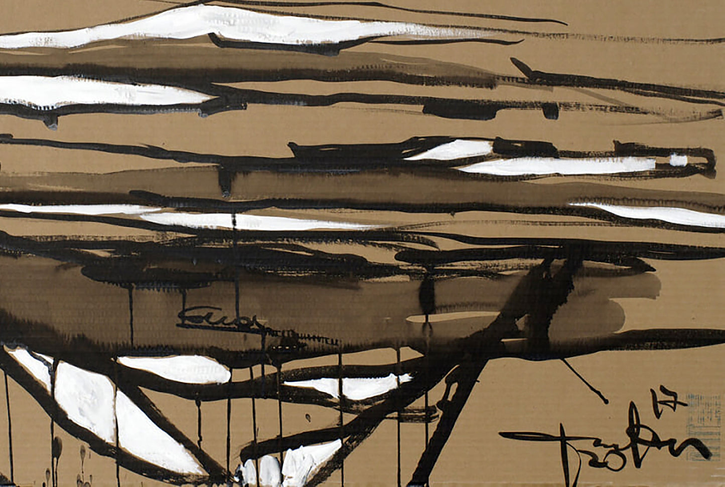 Abstract black white brushstrokes on tan by Dima Filatov Ice acrylic painting