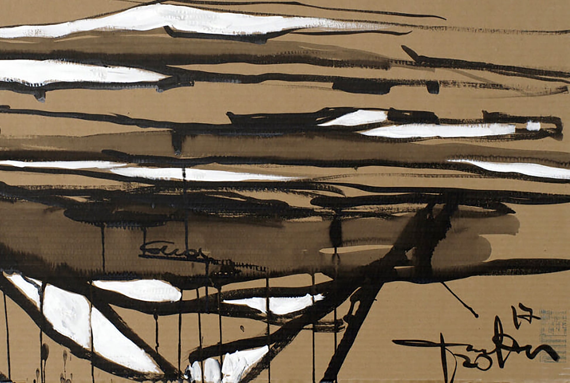 Abstract black white brushstrokes on tan by Dima Filatov Ice acrylic painting