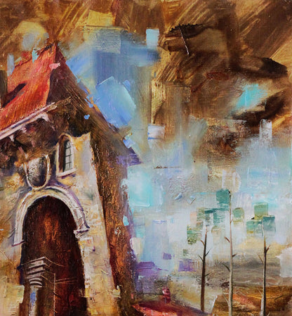 Oil painting Memories Alexander Dobrodiy: textured stone building with arched doorway
