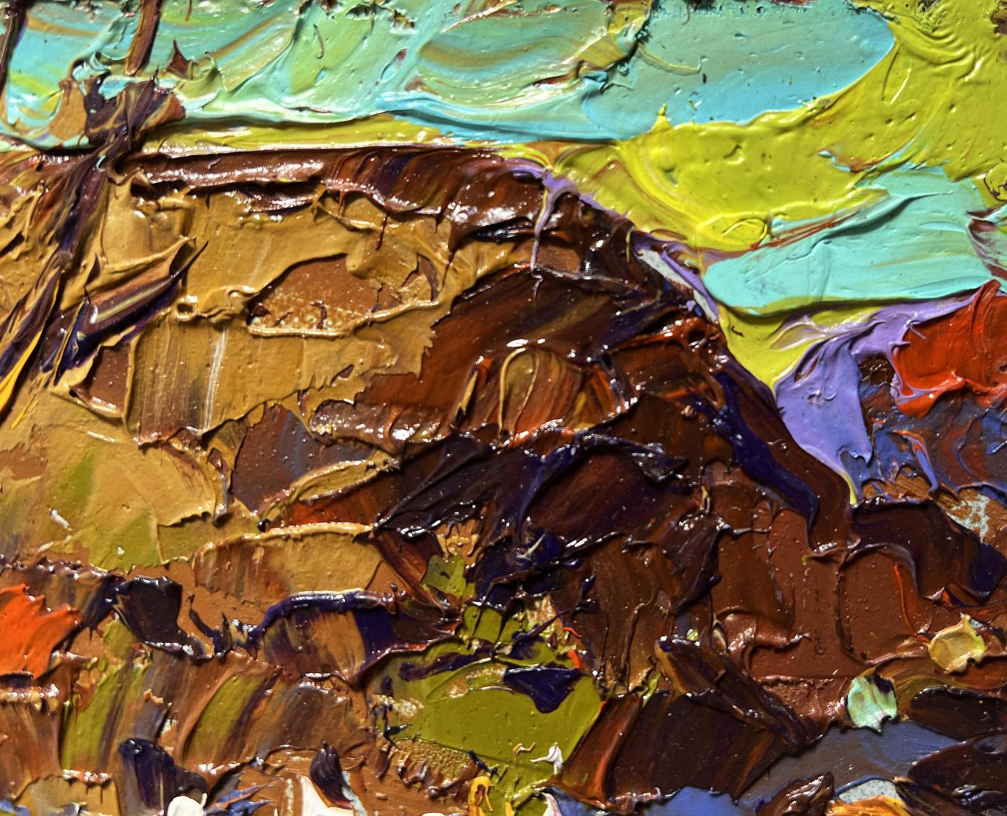 Oil painting Near the old hill by Oleksiy Ivanyuk with rich brown ochre strokes and turquoise yellow hues