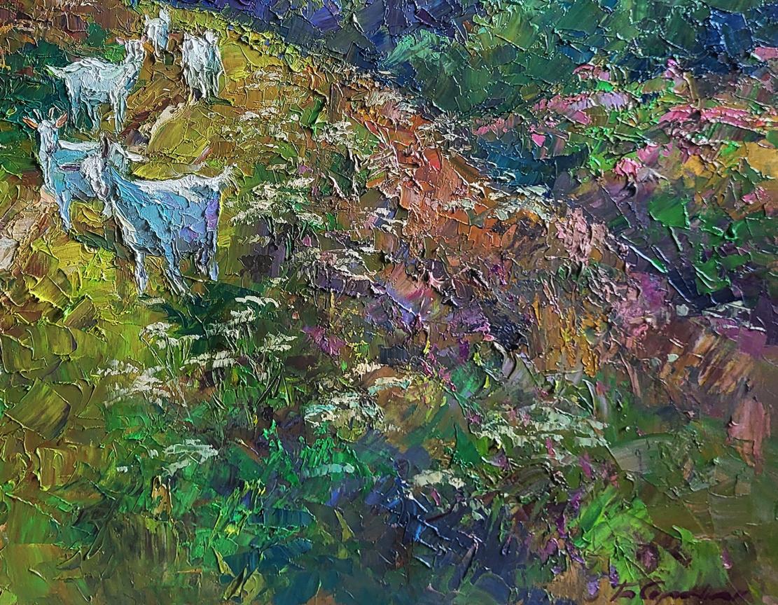 Vibrant oil painting of white goats by Boris Serdyuk grazing lush hillside