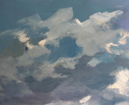 Textured oil painting of fluffy clouds with sun behind by Yuriy Suprunchuk