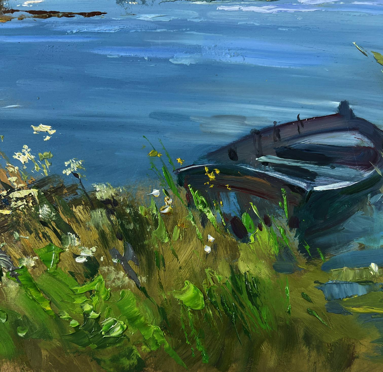 Oil painting of lonely weathered rowboat on river bank by Yuriy Suprunchuk