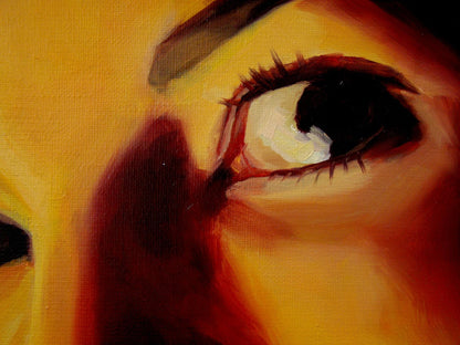 Oil painting Crazy Eyes by Yulia Lihina: close-up human eye in warm tones