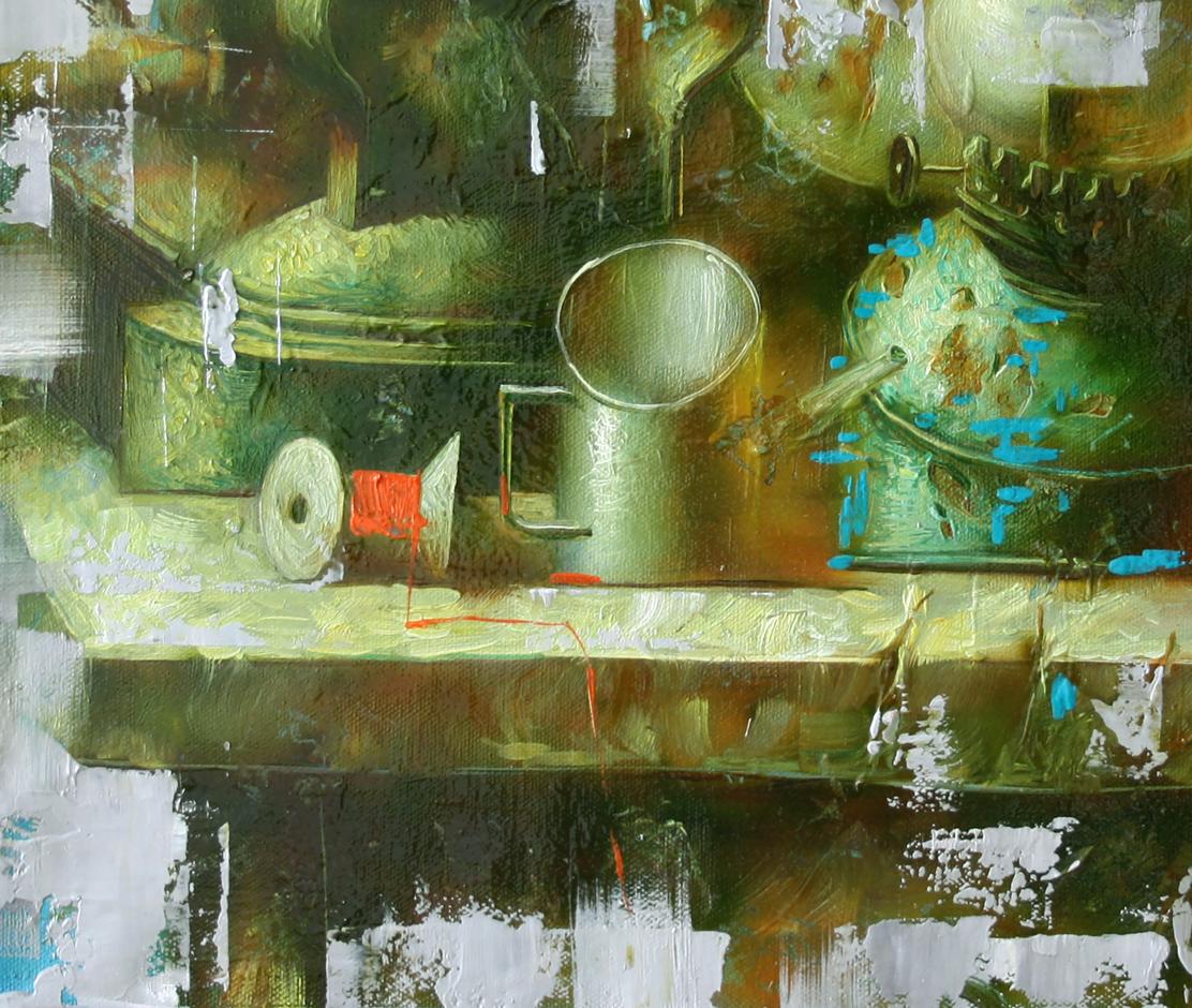 Oil painting of metallic green sewing machine mug by Alexander Dobrodiy