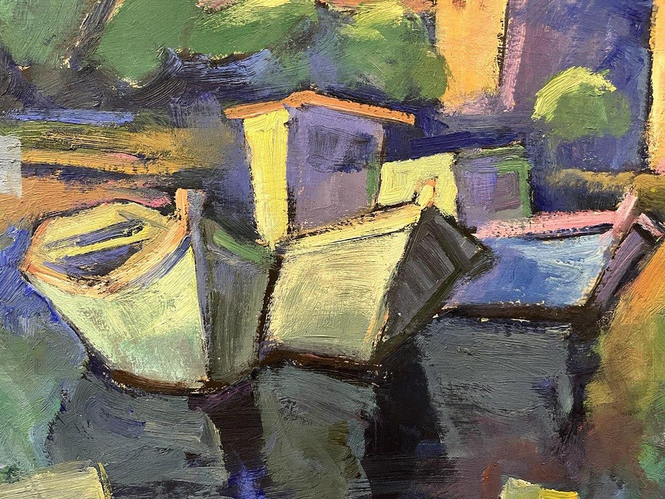 Oil painting Harbor by Oleksandr Andreev: stylized boats in yellow, green