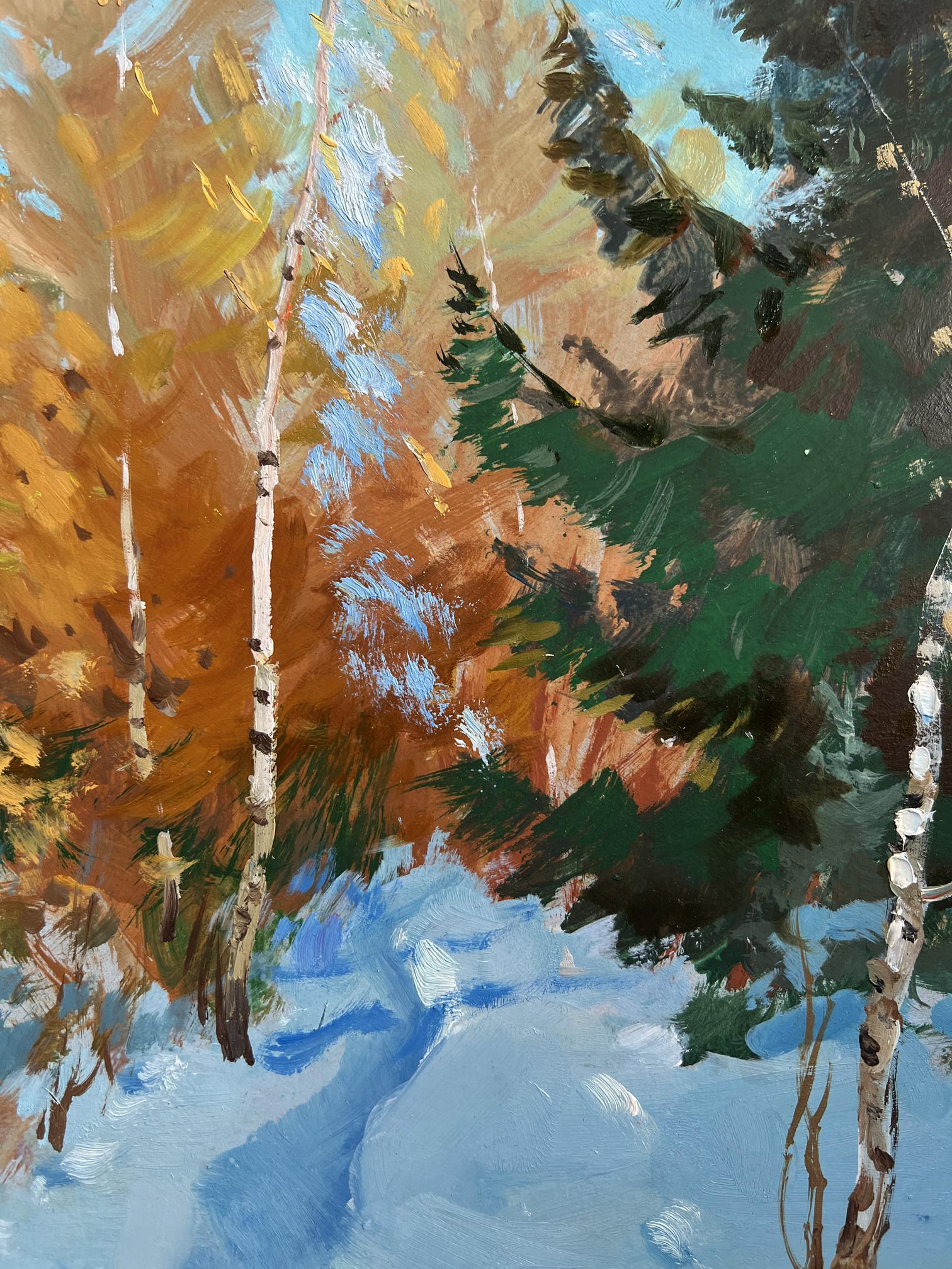 Oil painting Winter path in the forest by Yuriy Suprunchuk with birch trees