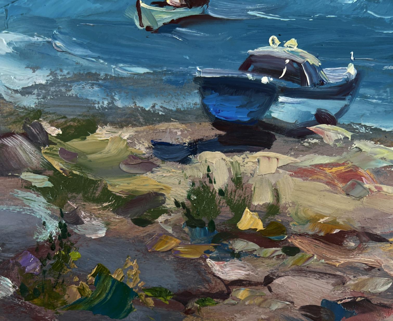 Oil painting of blue white fishing boat on rocky shore by Yuriy Suprunchuk