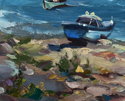 Oil painting of blue white fishing boat on rocky shore by Yuriy Suprunchuk