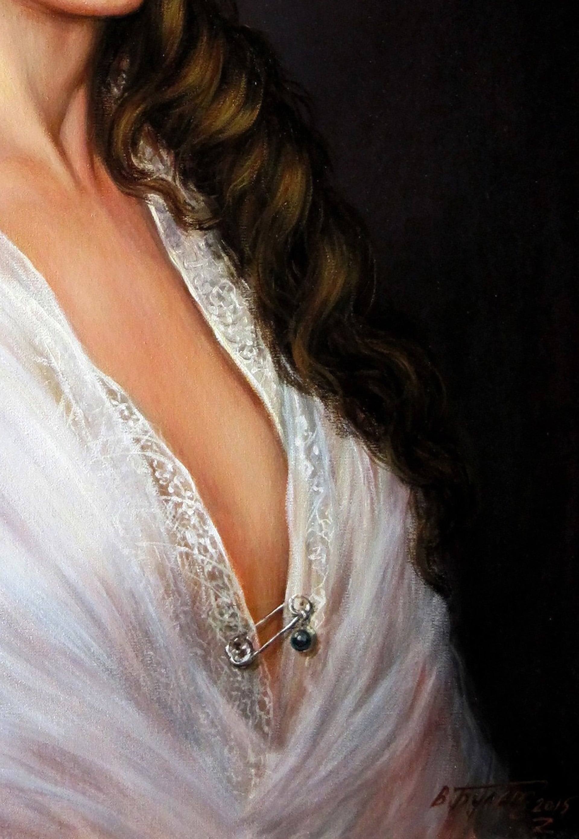 Silver safety pin with dark blue gem on lace neckline of Oil painting Portrait of Margarita Valeriy Bulat