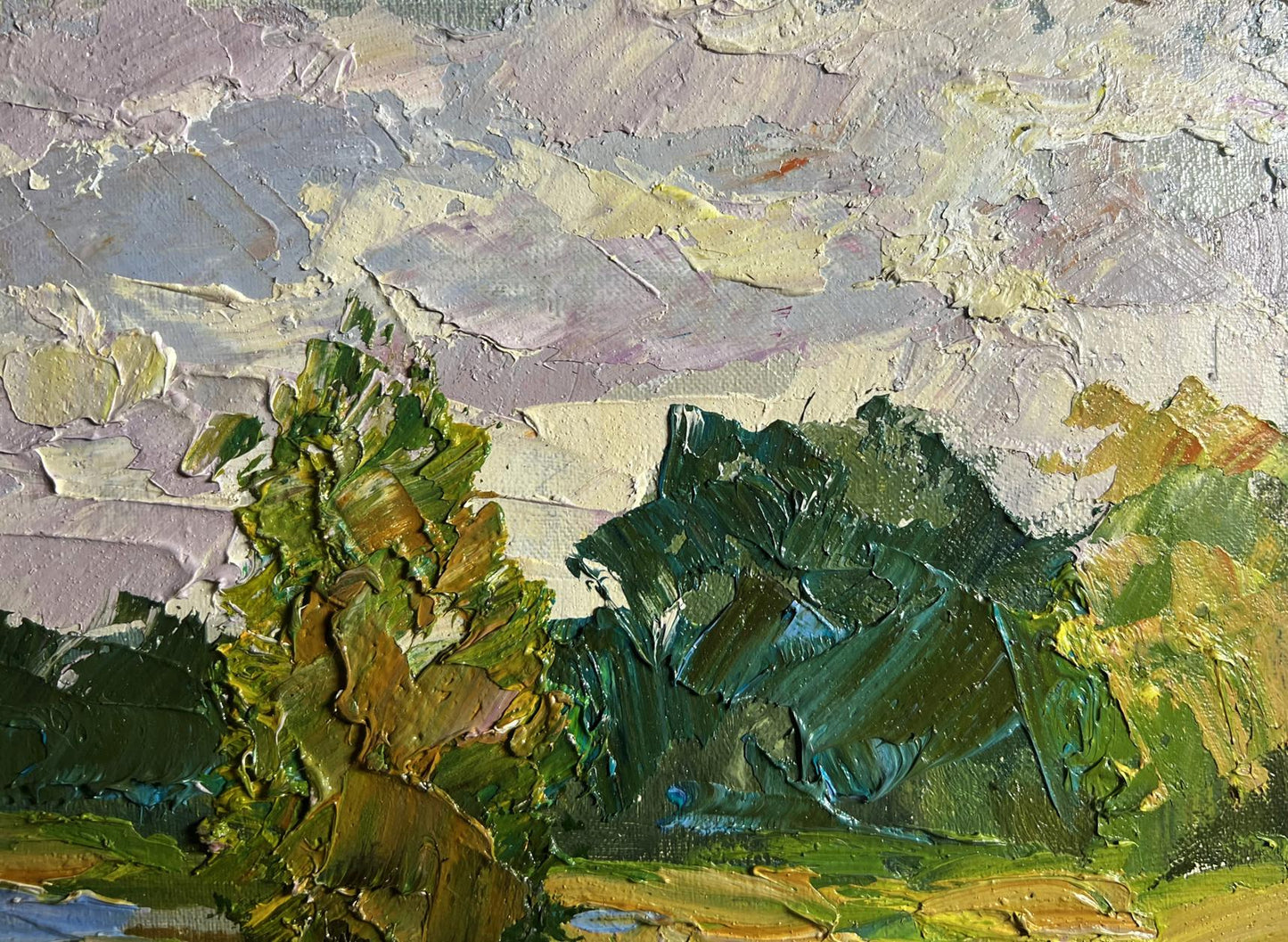Oil painting In the summer forest by Boris Serdyuk textured green trees sky