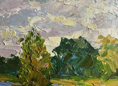 Oil painting In the summer forest by Boris Serdyuk textured green trees sky