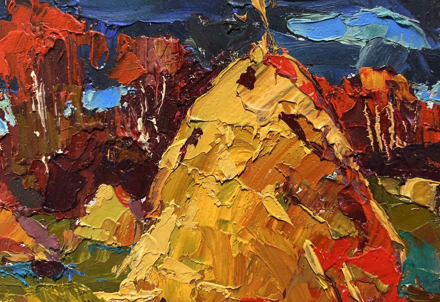 Vibrant oil painting of golden-yellow autumn mountain peak by Oleksiy Ivanyuk