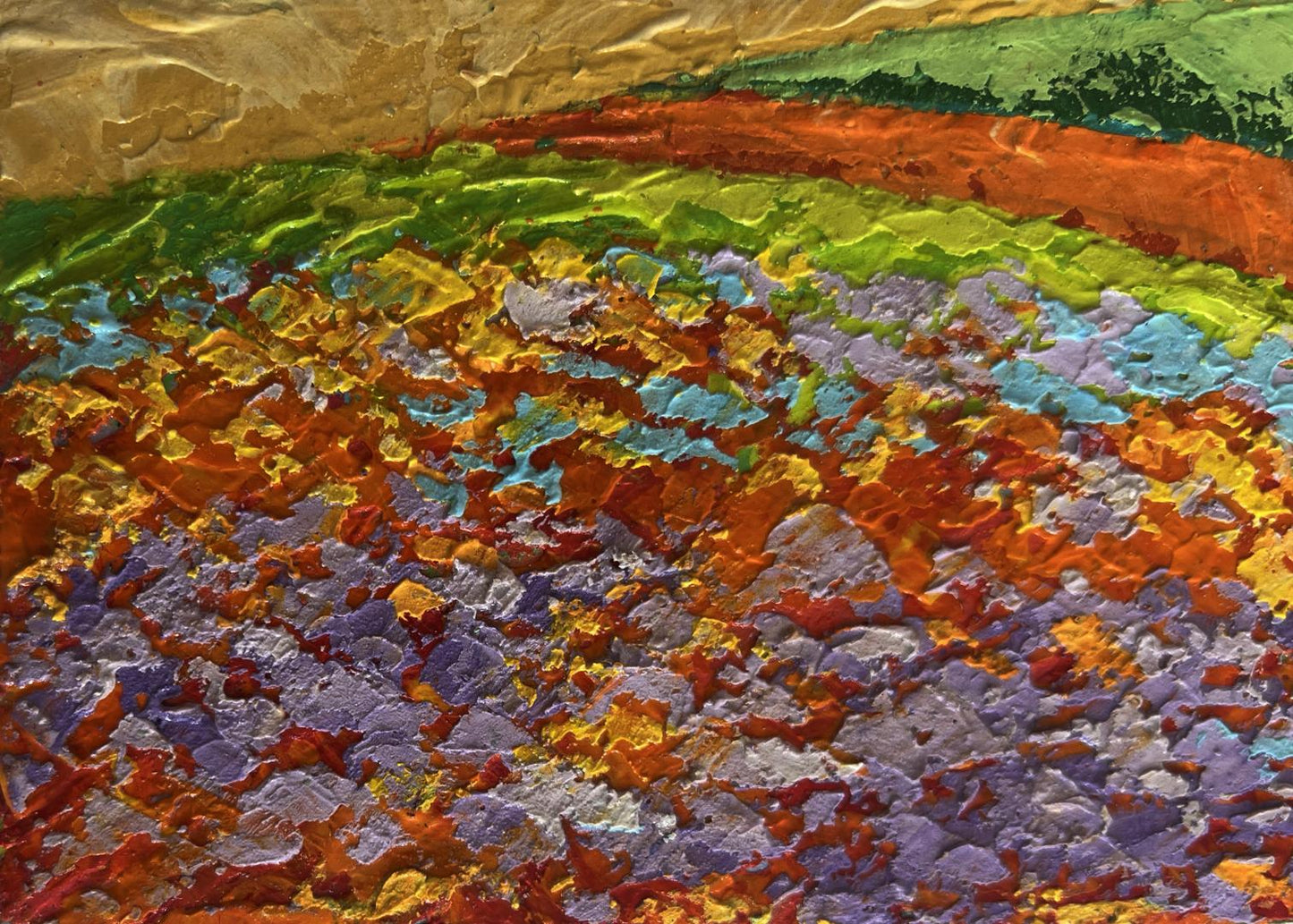 Vibrant oil painting of flower fields and sunset by V. Zadorozhnya