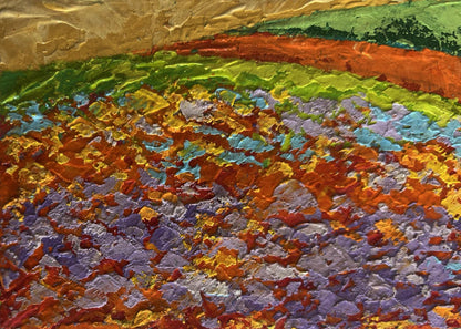 Vibrant oil painting of flower fields and sunset by V. Zadorozhnya