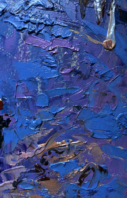 Oil painting Frosty winter evening by Oleksiy Ivanyuk, impasto blues, purples, gold