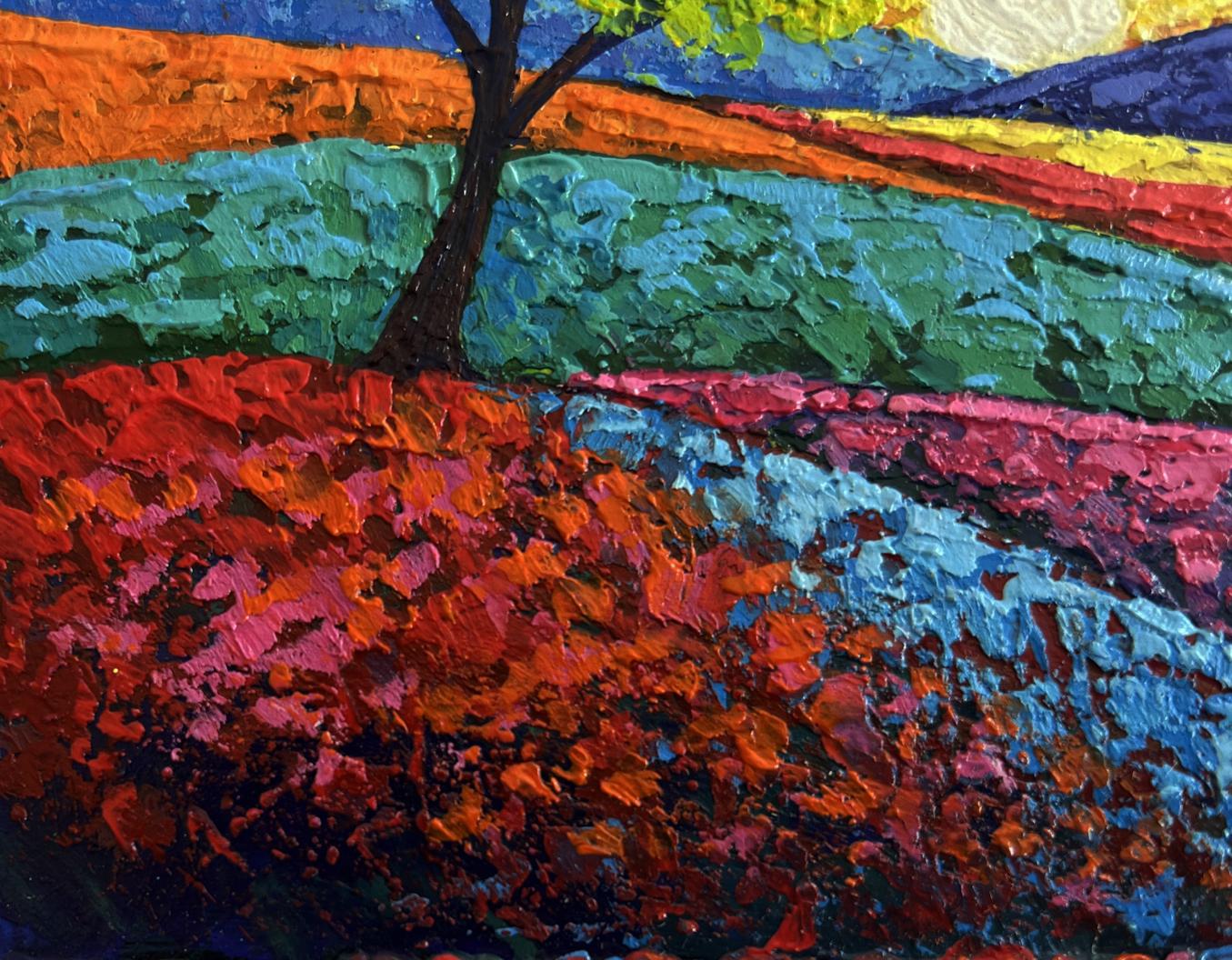 Vibrant impressionist oil painting by V. Zadorozhnya: sunset field with dark tree