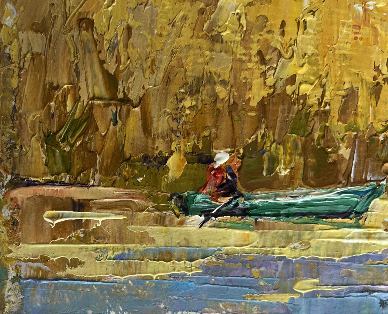 Oil painting On the autumn lake by Oleksiy Ivanyuk: green boat on blue water