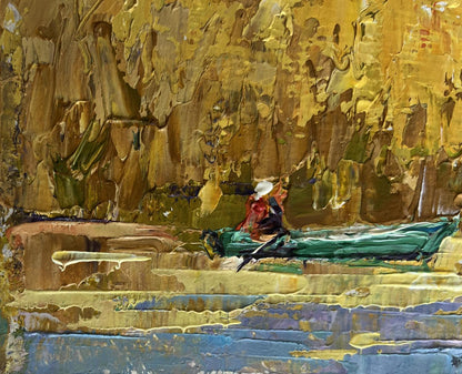 Oil painting On the autumn lake by Oleksiy Ivanyuk: green boat on blue water