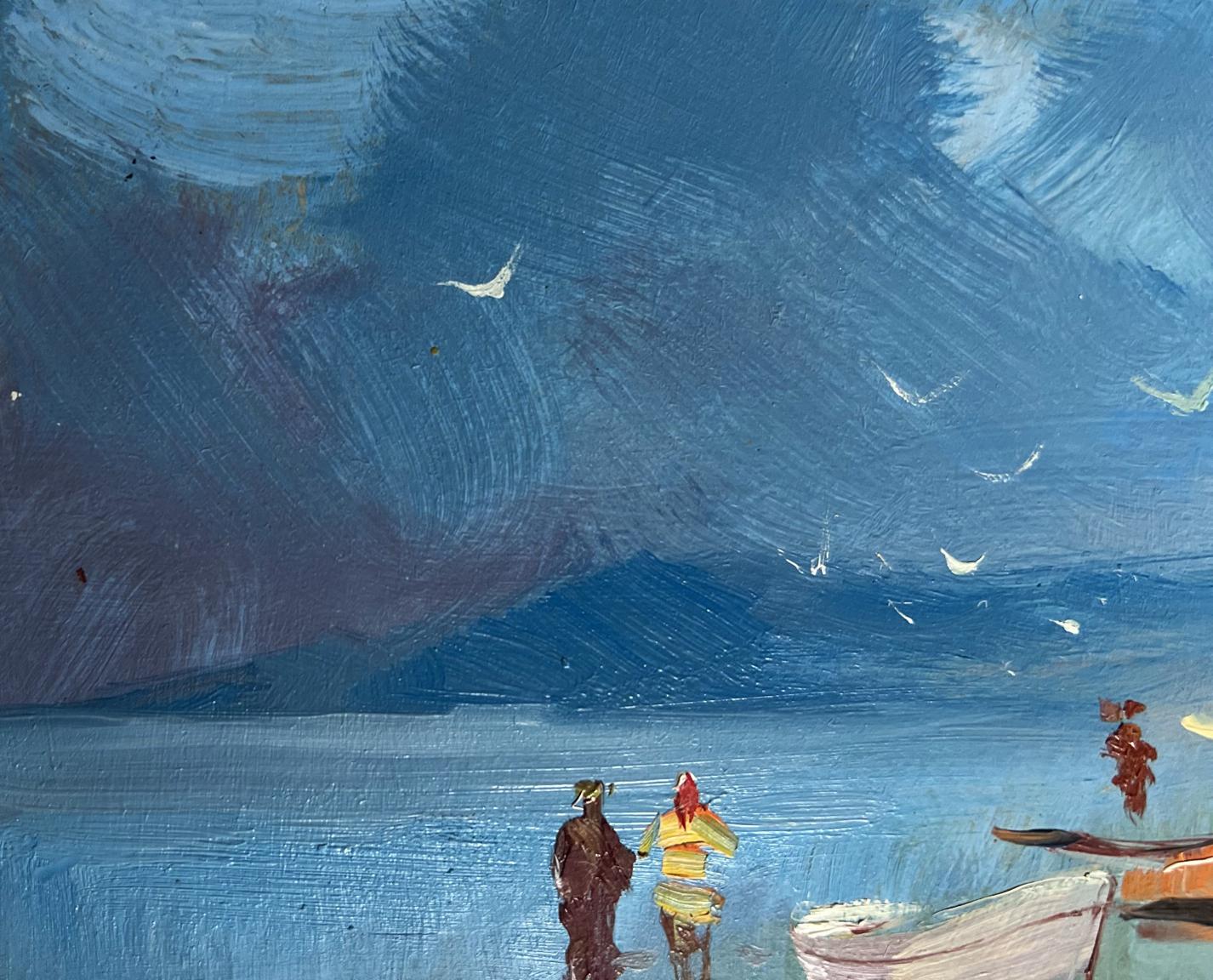 Textured blue oil painting Warm days at sea by Yuriy Suprunchuk, figures by water