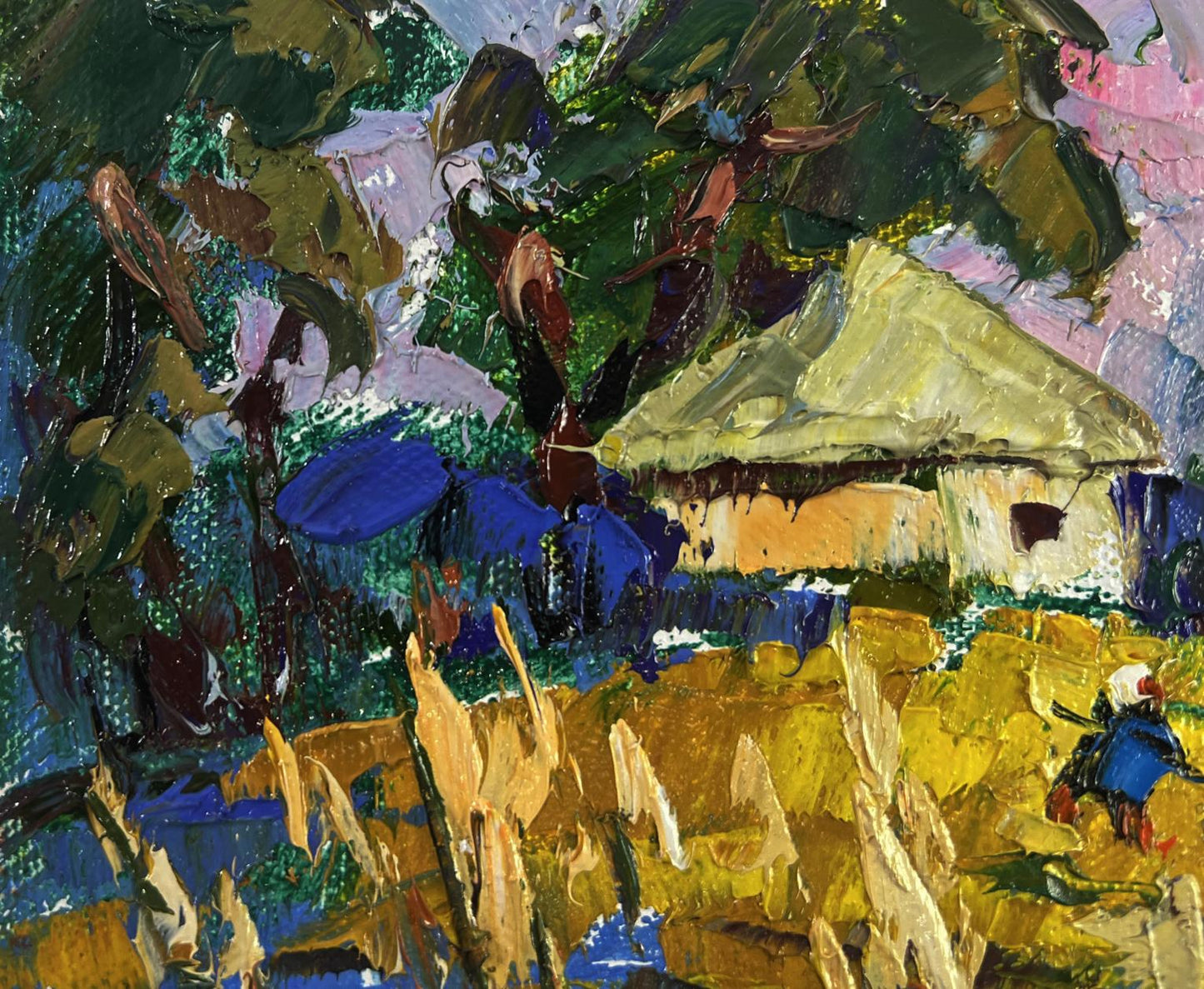 Vibrant impressionist oil painting by Oleksiy Ivanyuk: rustic hut in lush greenery and golden fields