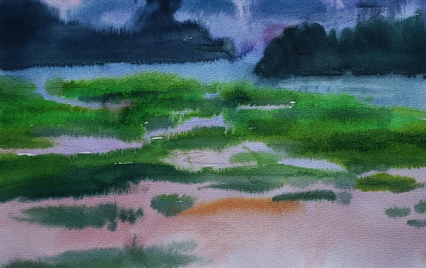 Watercolor morning fog landscape by Boris Serdyuk with blended greens blues pinks