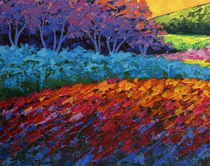 Vibrant impressionist oil painting of spring fields in sunset light by V. Zadorozhnya