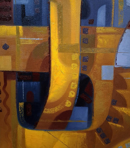 Oil painting Urban Jazz Music by Sergiy Voichenko with yellow blue geometric shapes