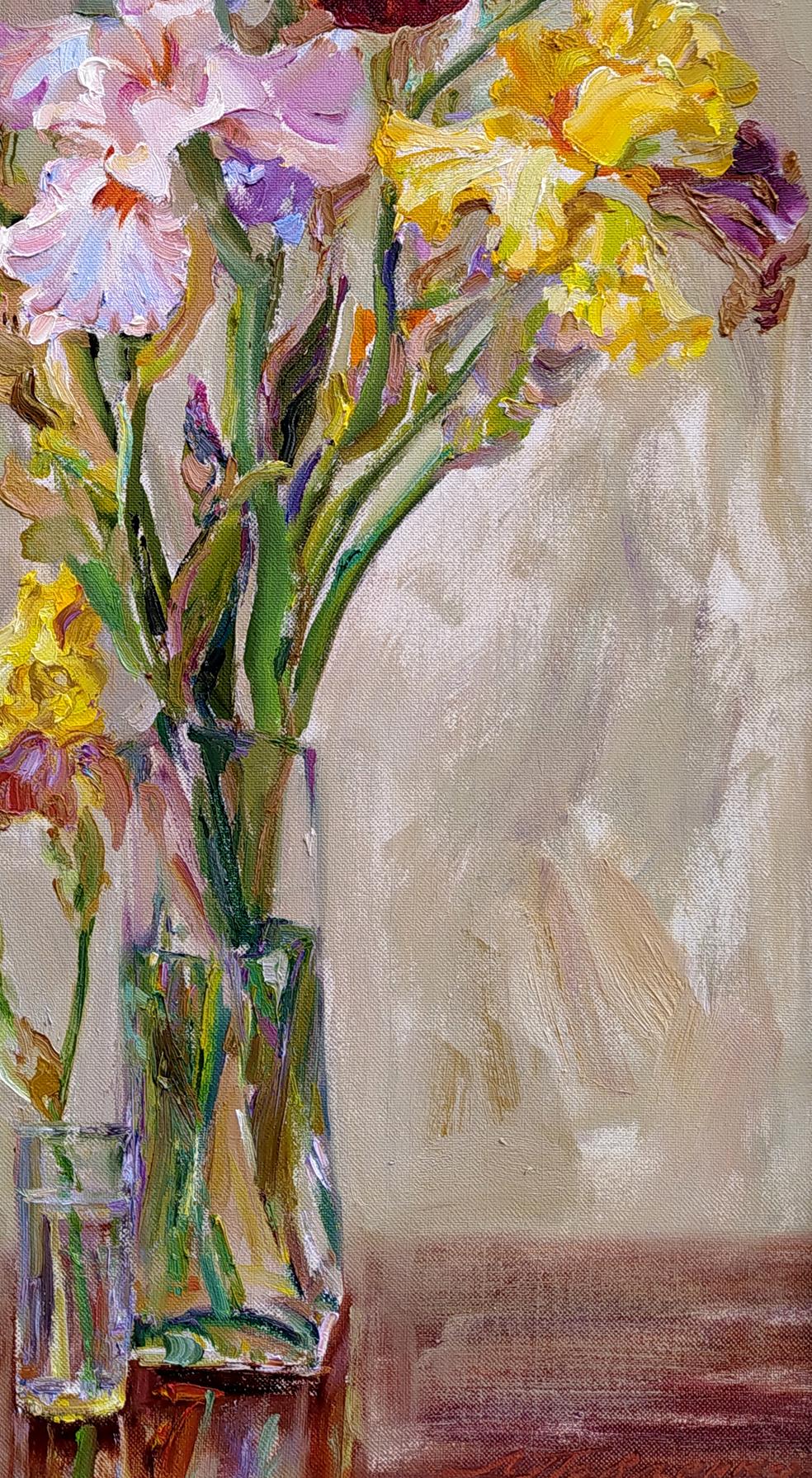 Oil painting of vibrant irises in glass vase by Leonid Pavlenko