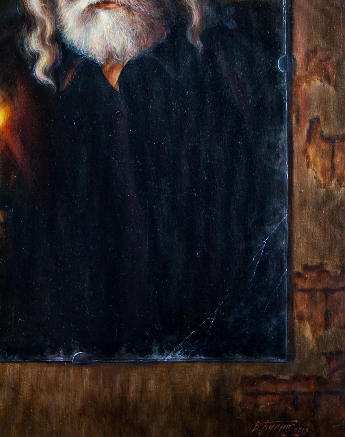 Dark textured oil painting of bearded man in black attire Old mirror Valeriy Bulat