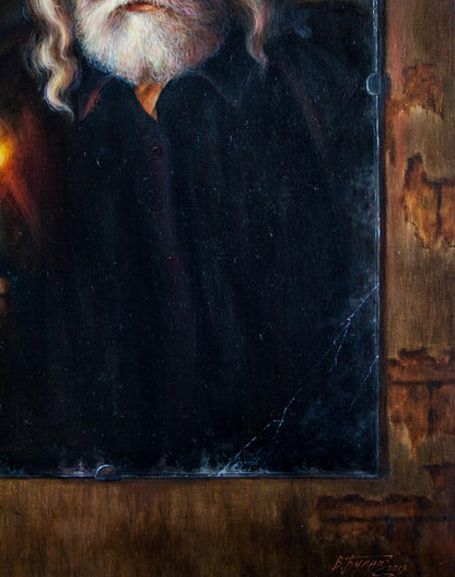 Dark textured oil painting of bearded man in black attire Old mirror Valeriy Bulat