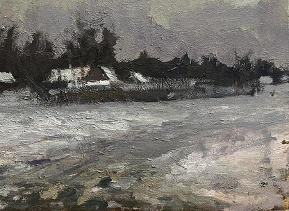 Monochromatic oil painting After the winter snowstorm by Volodymyr Pashchenko