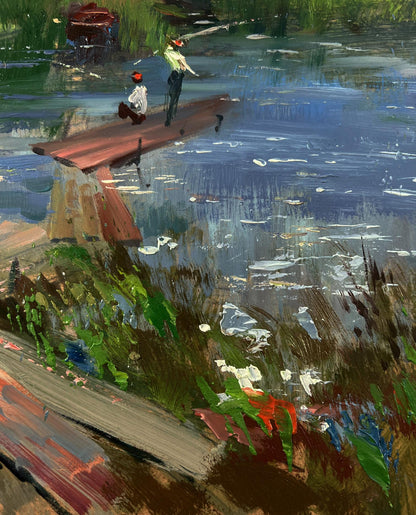 Oil painting of rustic wooden bridge over village river pond by Yuriy Suprunchuk