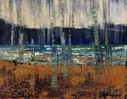 Oil painting on glass by Serhiy Kovalev: birch trees in turbulent sky