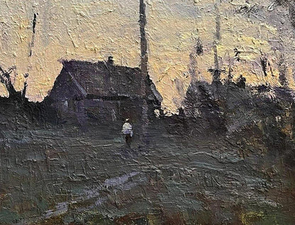 Oil painting Autumn in the village by Volodymyr Pashchenko, solitary figure approaching rustic house under golden sky