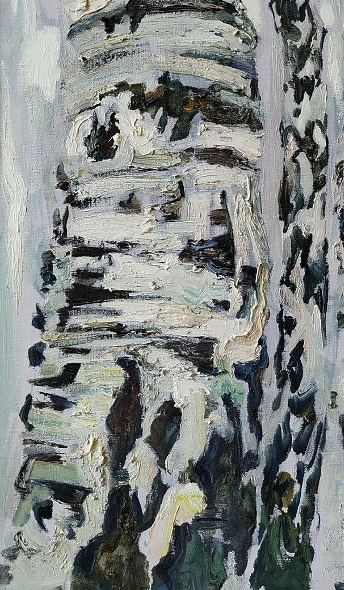 Oil painting of textured white birch trunk by Leonid Pavlenko