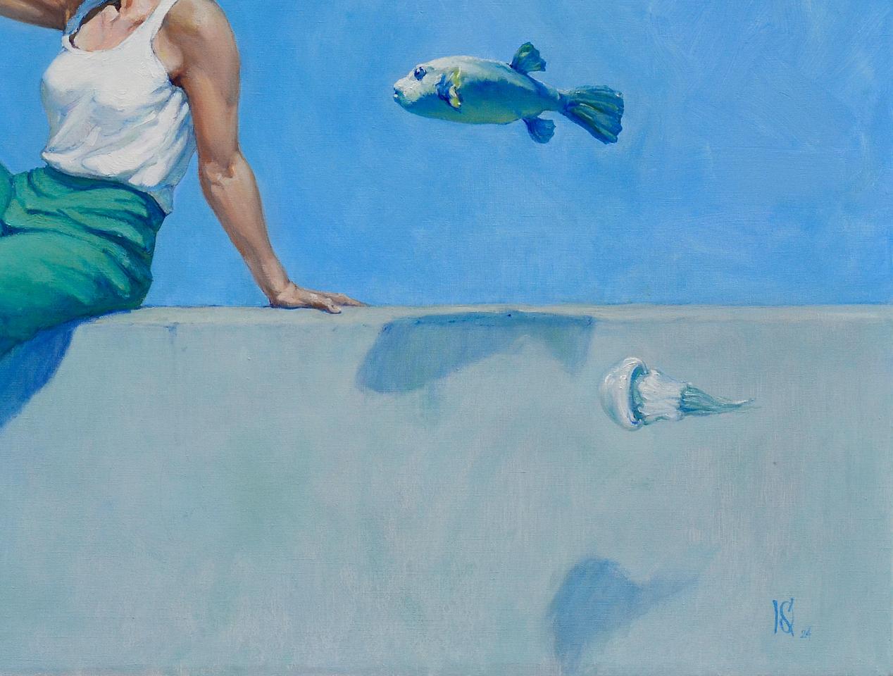 Vibrant blue green oil painting of fugu fish by Oleg Kateryniuk above jellyfish