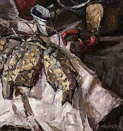 Oil painting Still life with dried fish by Oleksandr Andreev