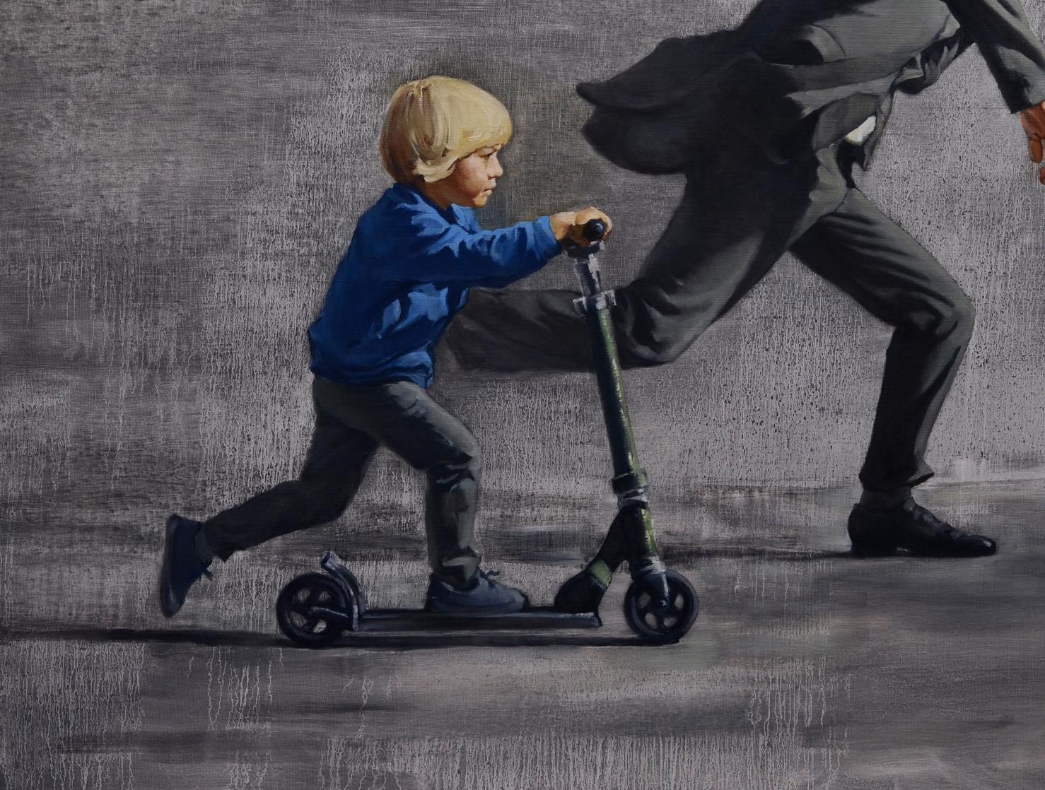 Oil painting Chasing the Rain by Oleg Kateryniuk: blue jacketed child on black scooter