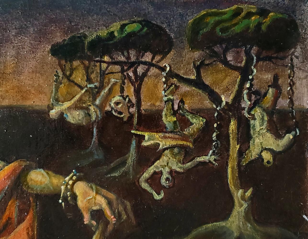 Surreal oil painting Time of Vice by Daniil Litvinov with skeletal figures on chains