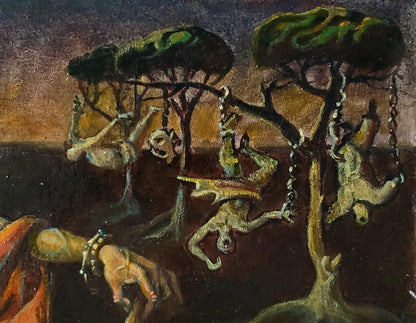 Surreal oil painting Time of Vice by Daniil Litvinov with skeletal figures on chains