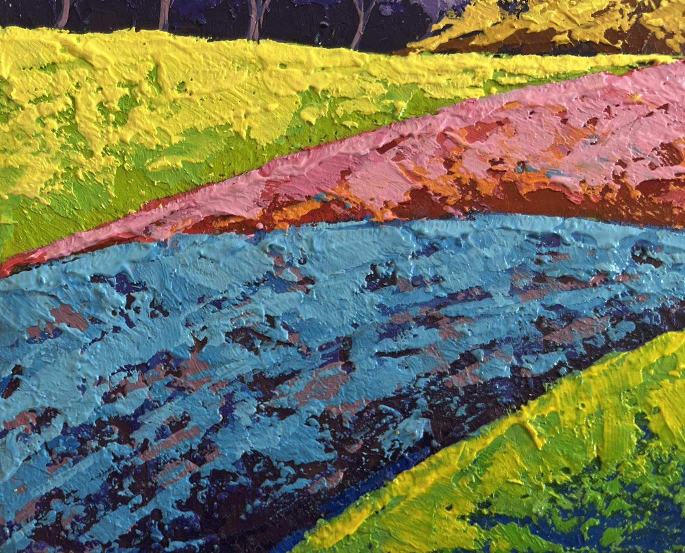 Vibrant oil painting of yellow sun rays over forest by V. Zadorozhnya