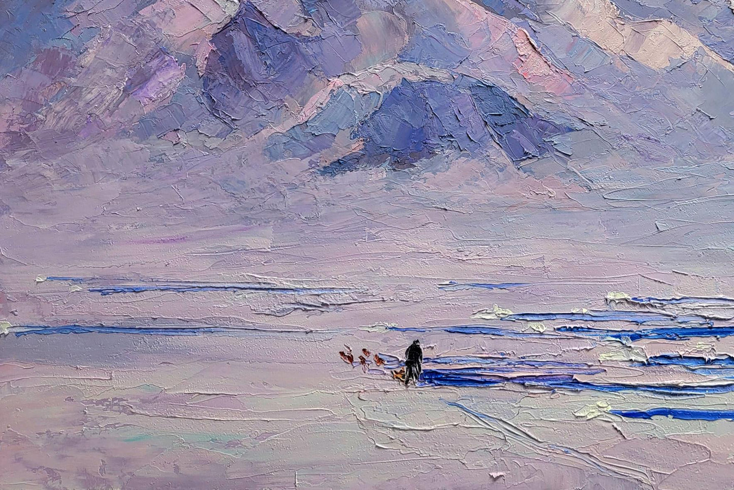Oil painting Breath of the North Wind by Boris Serdyuk: lone figure with dogs on icy terrain under mountains