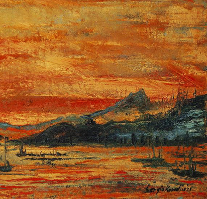 Oil painting Sea voyage by Serhiy Kovalev: dramatic sunset over mountains