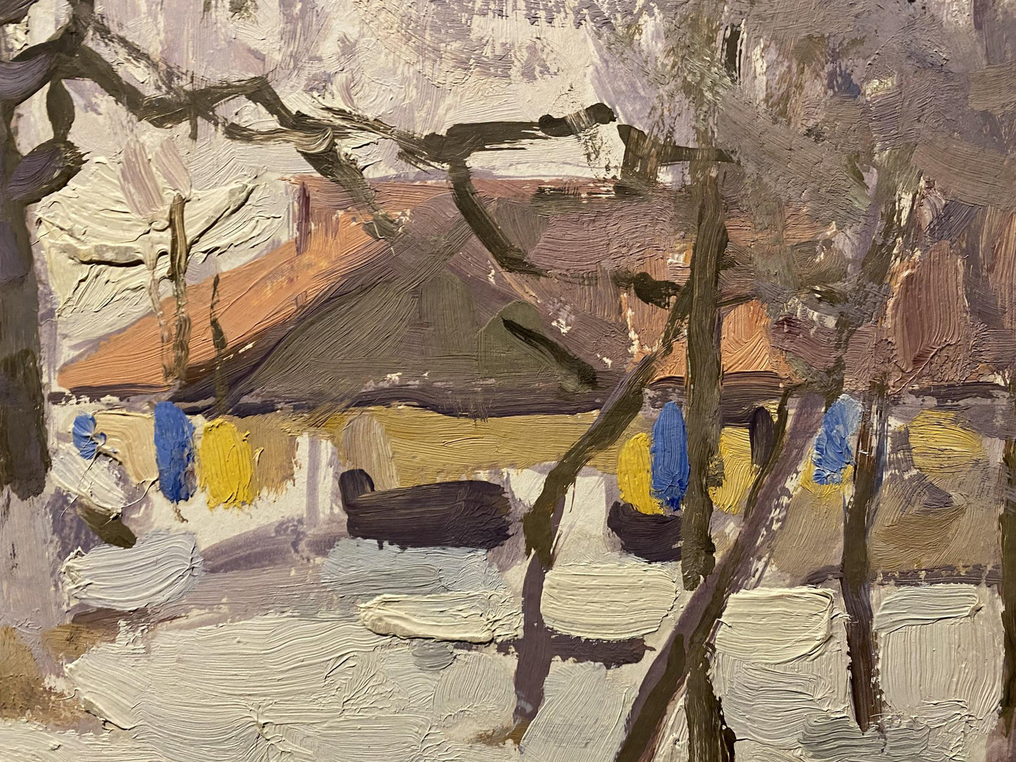 Oil painting Early winter by Nikolai Fedorovich Bortnikov, rustic house with orange roof