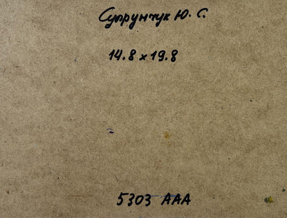Back of Yuriy Suprunchuk oil painting Afternoon on the pasture with handwritten Cyrillic text