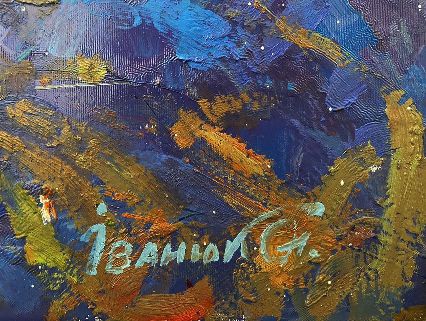 Oil painting Winter evening by Oleksiy Ivanyuk with blue gold orange brushstrokes