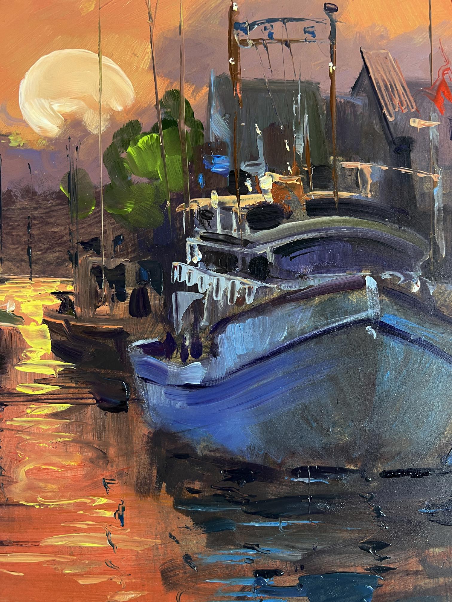 Oil painting of blue and white ferry boat at romantic sunset by Yuriy Suprunchuk