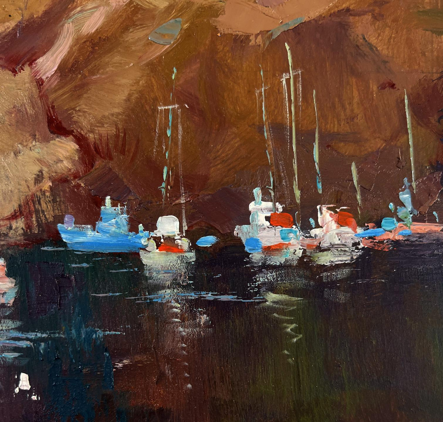 Vibrant impressionist oil painting of boats with sails against harbor mountains by Yuriy Suprunchuk