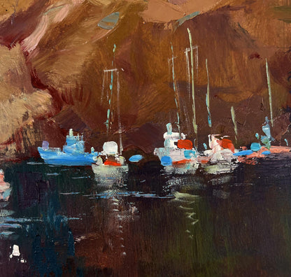 Vibrant impressionist oil painting of boats with sails against harbor mountains by Yuriy Suprunchuk